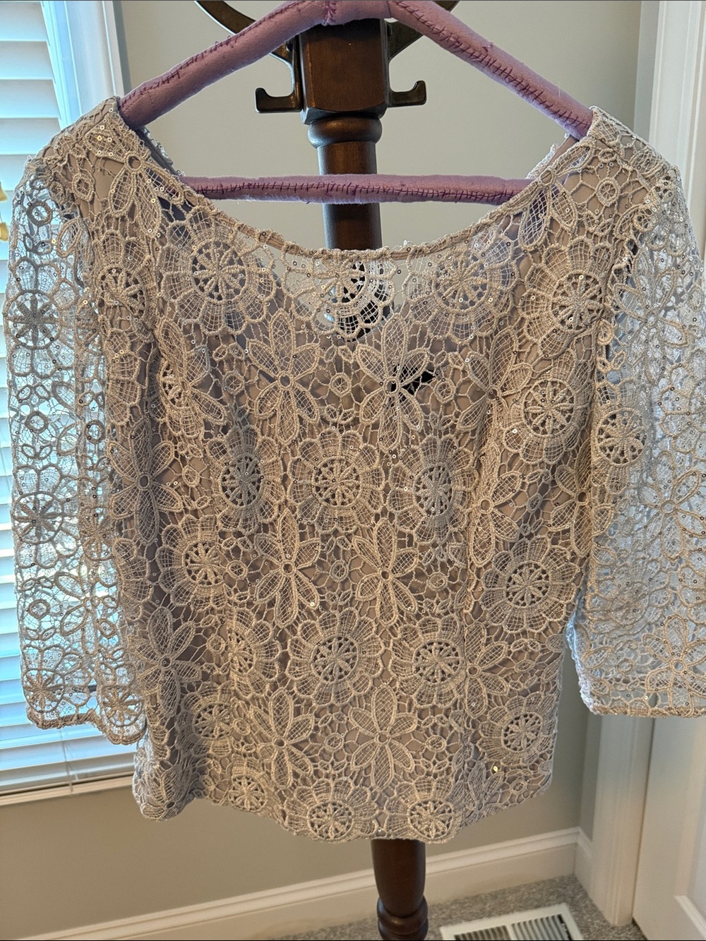 Alex Evenings Lace Crochet Floral Boatneck Blouse Silver Small